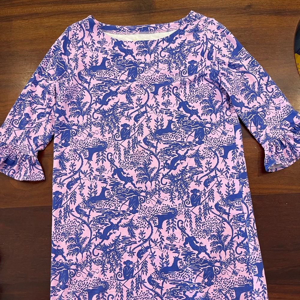 Lilly Pulitzer dress. Pink and blue. 3/4 ruffle sleeve. Cotton